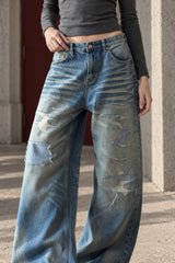 Vintage Washed Distressed Straight Leg Jeans