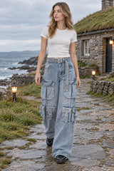 Multi Pocket Strap Wide Leg Cargo Jeans