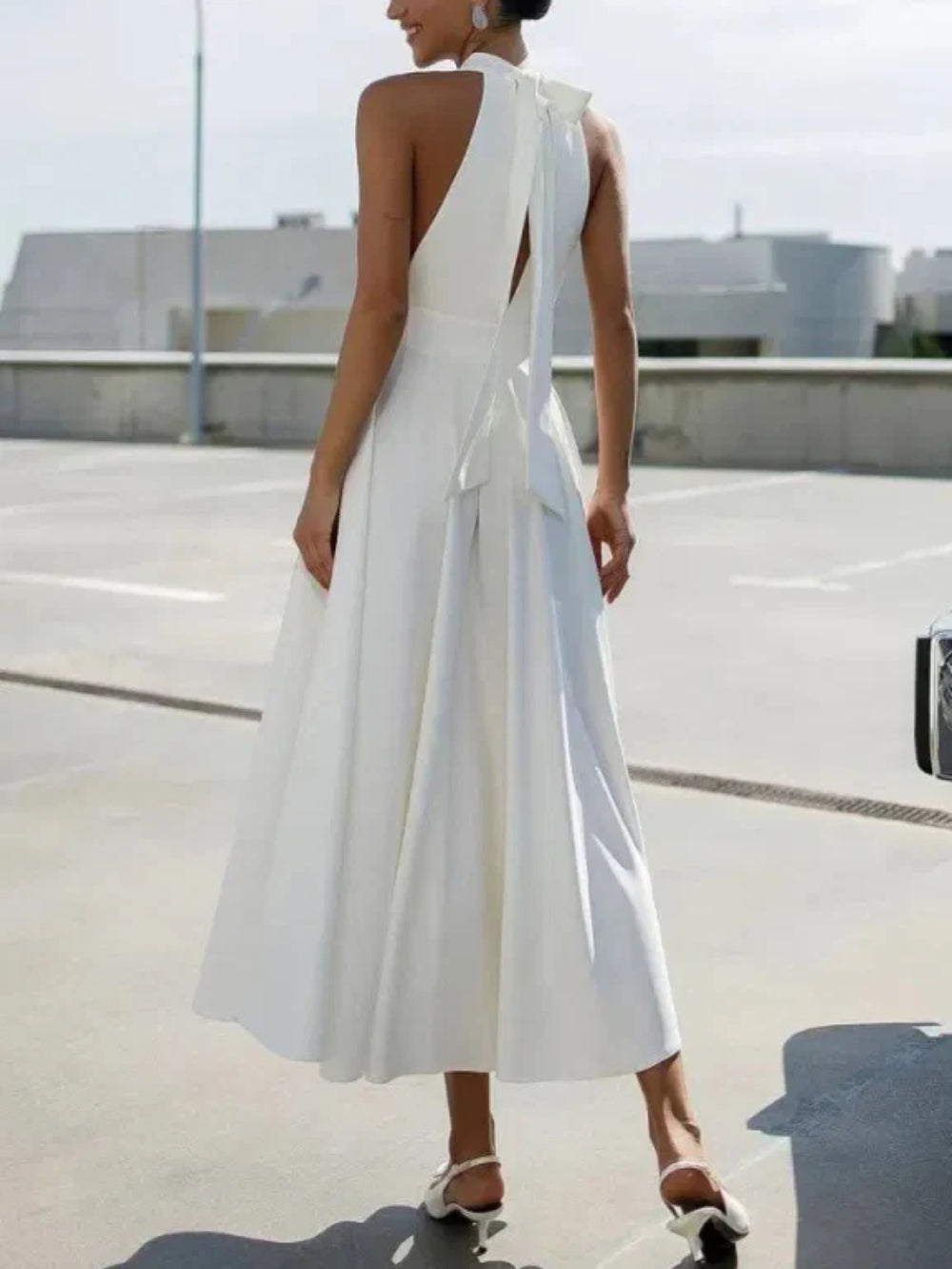 Elegant Halter Bow Tie Solid Waist-Tied Dress