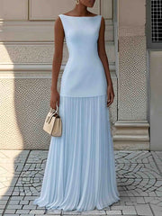Pleated Classic Boat Neck Maxi Dress