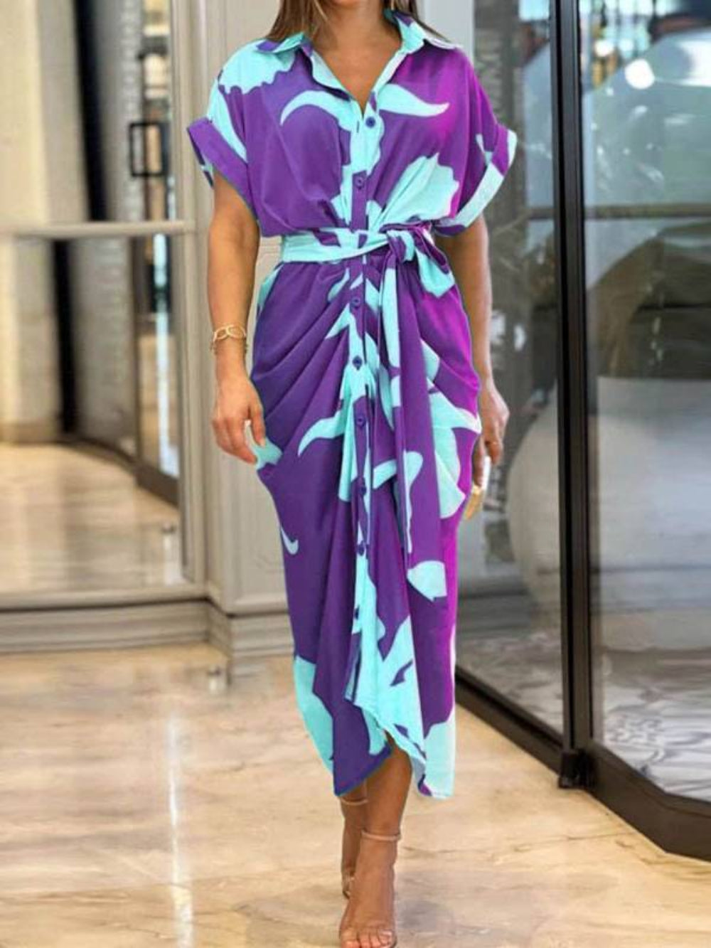 Pleated Belted Short Sleeve Dress