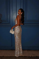Rhinestone Low Neck Maxi Bodycon Party Dress