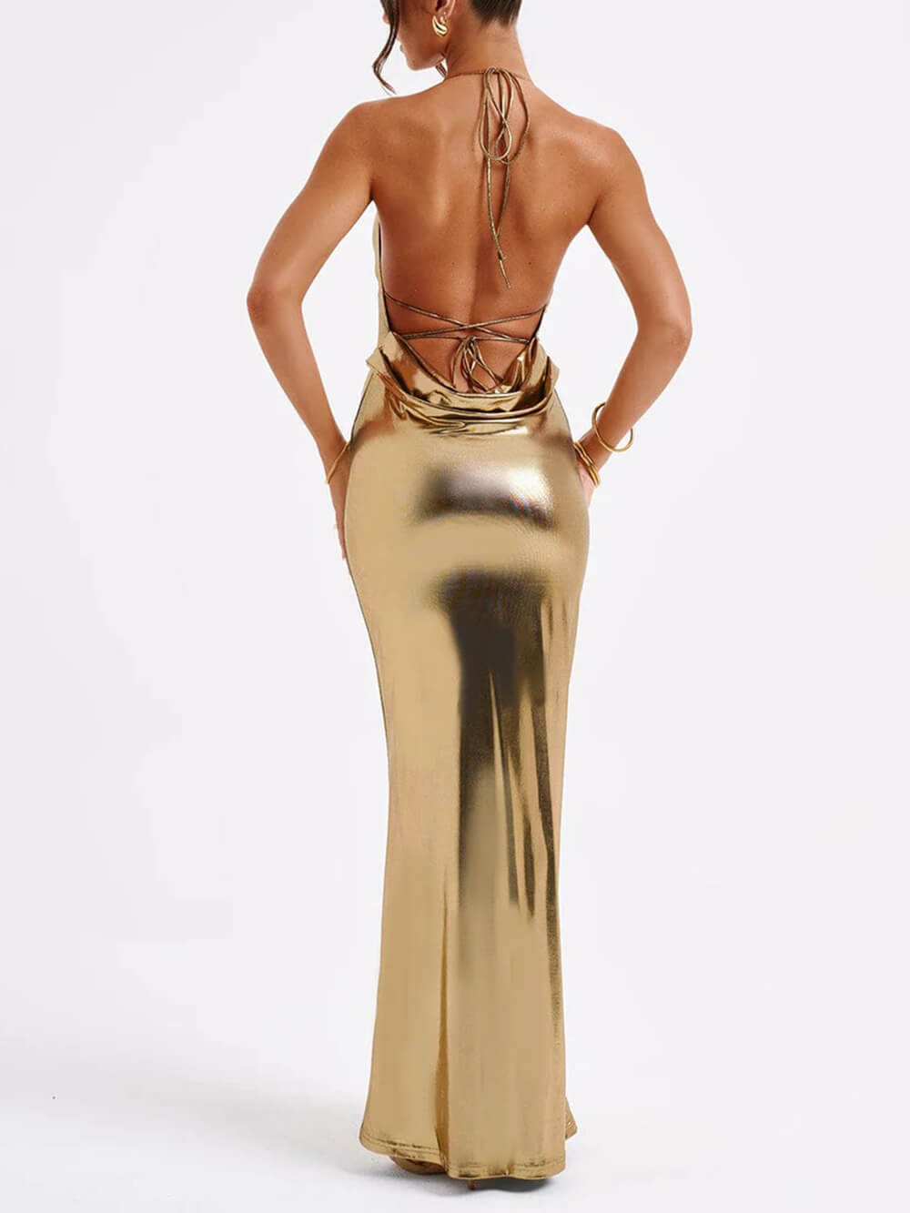 Elegant Halter Cami Deep V Backless Metallic Dress
