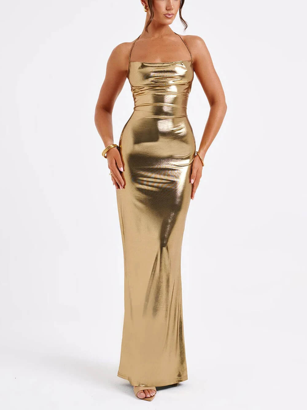 Elegant Halter Cami Deep V Backless Metallic Dress