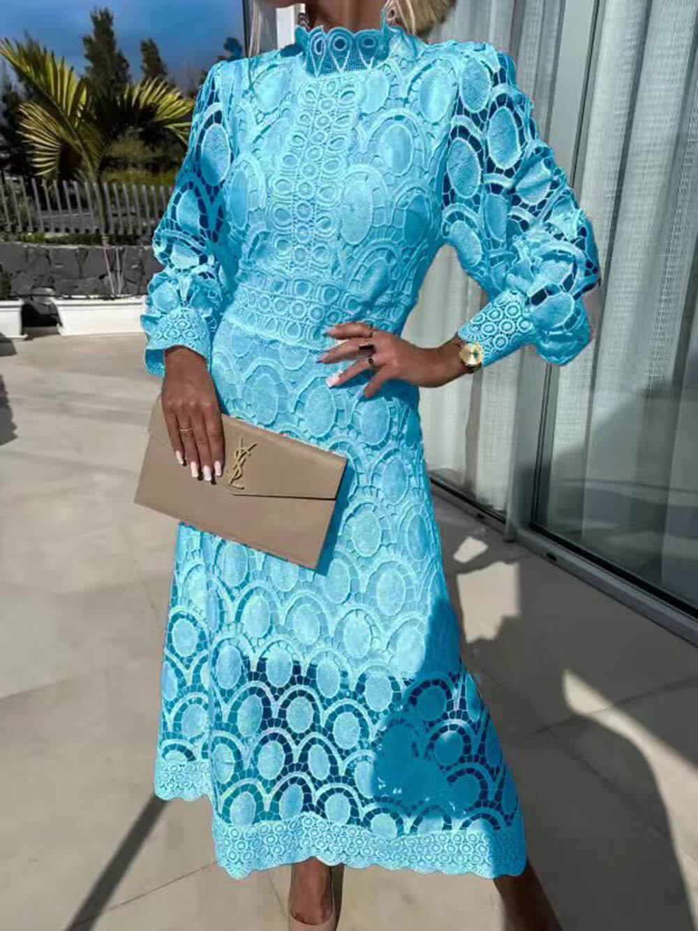 Lace Stand Collar Puff Sleeve Dress