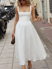 Sling Square Collar Elegant Large Swing Midi Dress