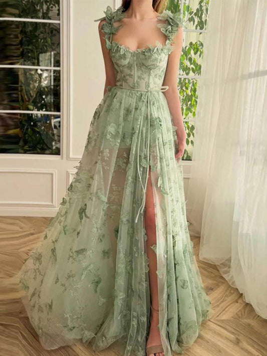 Sheer Cami Sleeveless High-Slit Party Dress