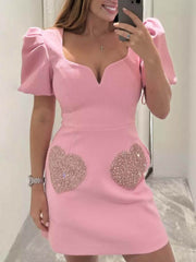 Elegant Sweet Puff Sleeve Sequin Evening Dress