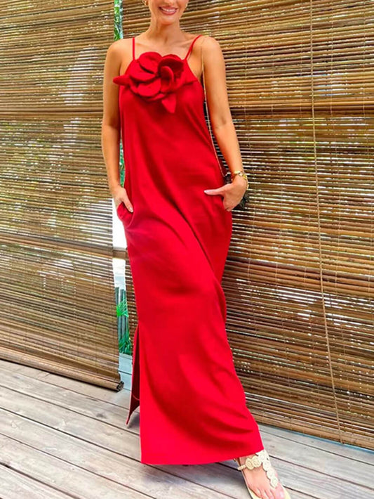 Floral Embellishment Pocketed Slit Dress