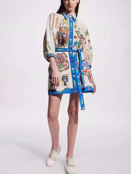 Print Tie Short Sleeve Fashionable Dress