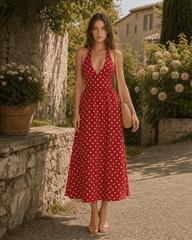Red Polka Dot V-Neck Halter Backless Maxi Dress