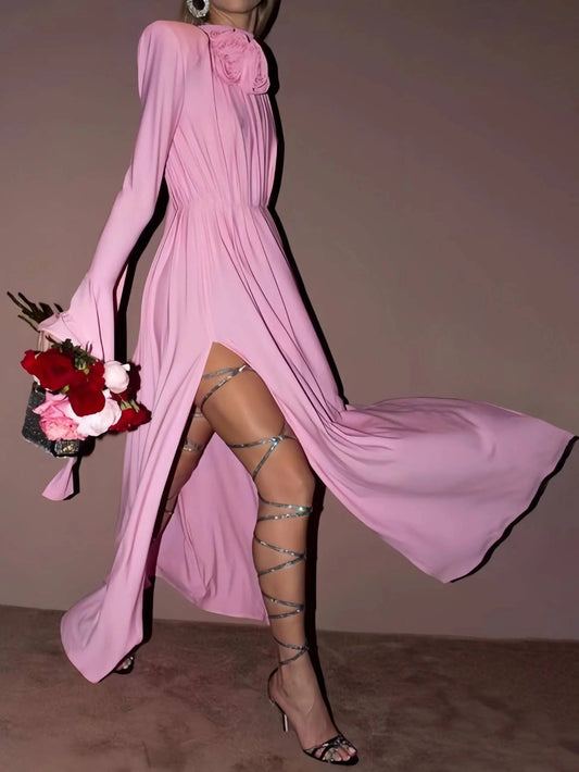 Hollow Deep V Halter Ruched Draped 3D Flower Maxi Dress