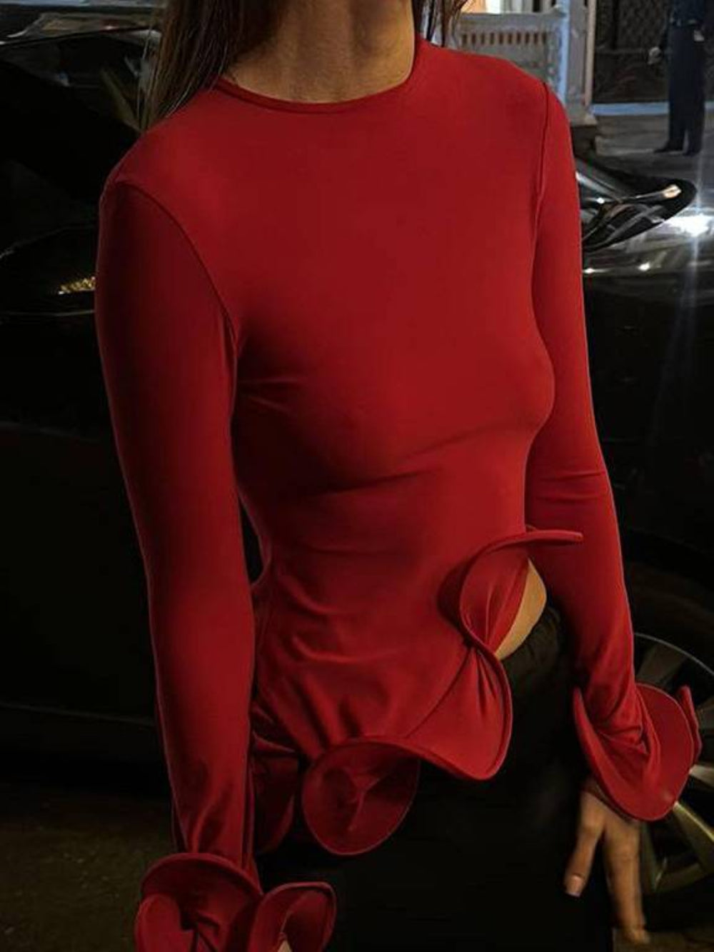 Ruffle Round Neck Long Sleeve Top