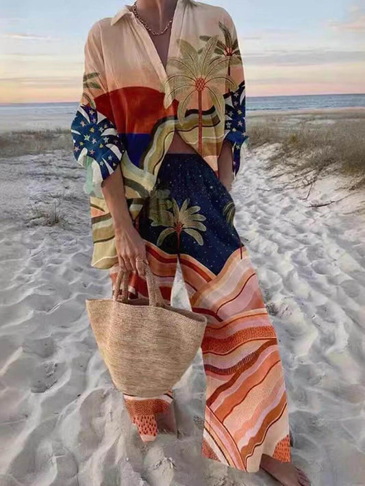 Sunset Palm Print Two Piece Set