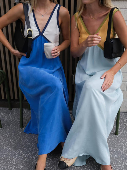 Fashion V-Neck Sleeveless Colorblock Flared Dress