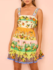 Summer Multicolor Lemon Pleated Hem Mini Dress