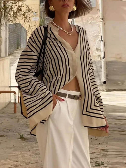 Satin Striped Round Neck Blouse