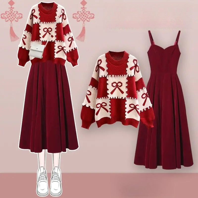 Red Knitted Two-Piece Dress Set
