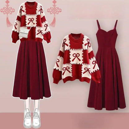 Red Knitted Two-Piece Dress Set