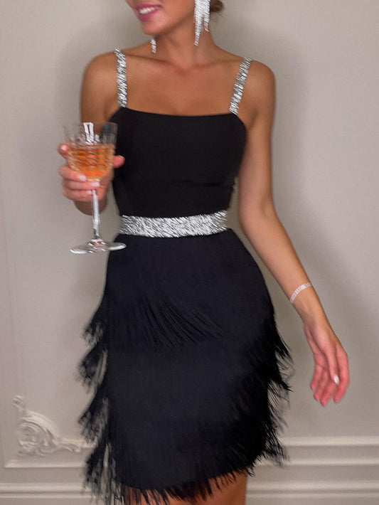 Chic Suspender Fringe Trim Fitted Party Dress