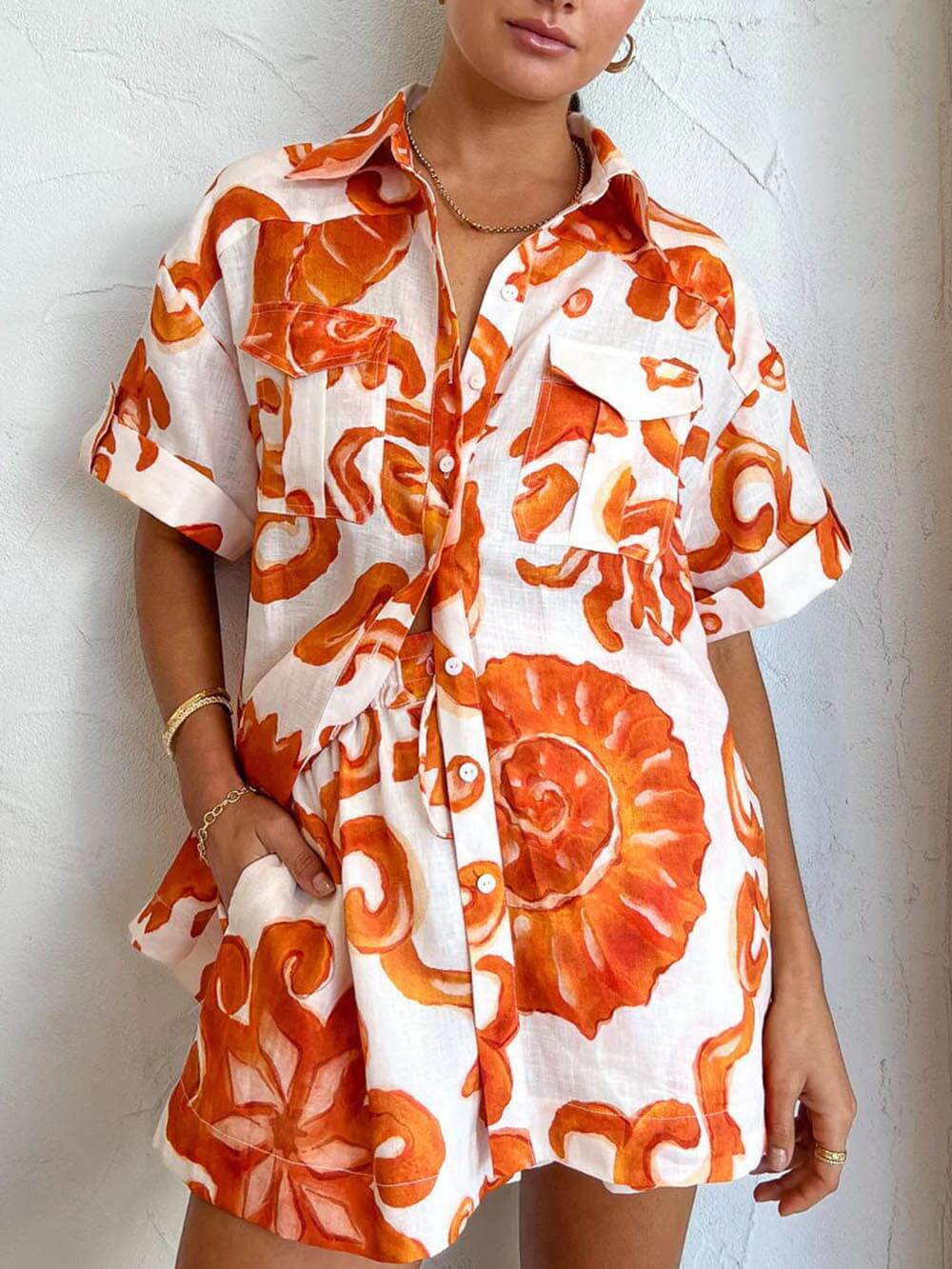 Loose Fit Print Shirt Shorts Set