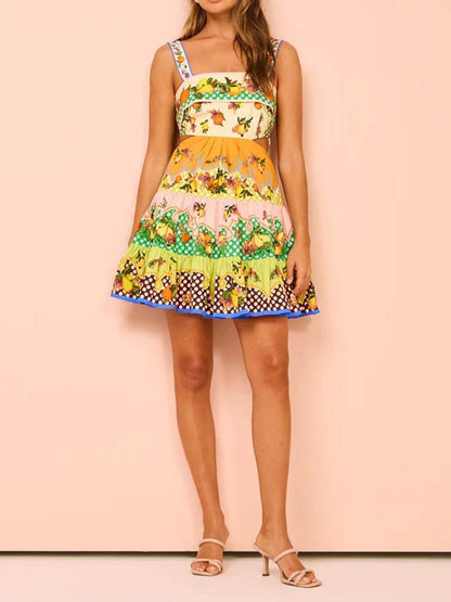 Summer Multicolor Lemon Pleated Hem Mini Dress