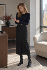 Elegant Striped Faux Wool Belted Casual High Waist A-Line Skirt