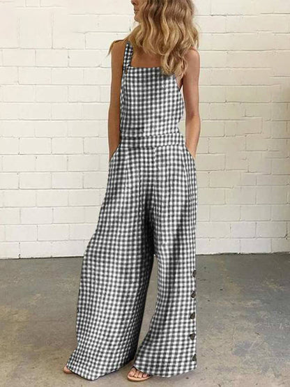 Cotton Linen Print Buttoned Sleeveless Jumpsuit