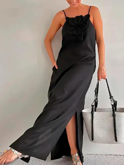 Floral Embellishment Pocketed Slit Dress