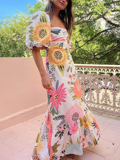 Off-Shoulder Floral Puff Sleeve Dress