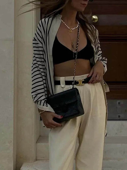 Satin Striped Round Neck Blouse