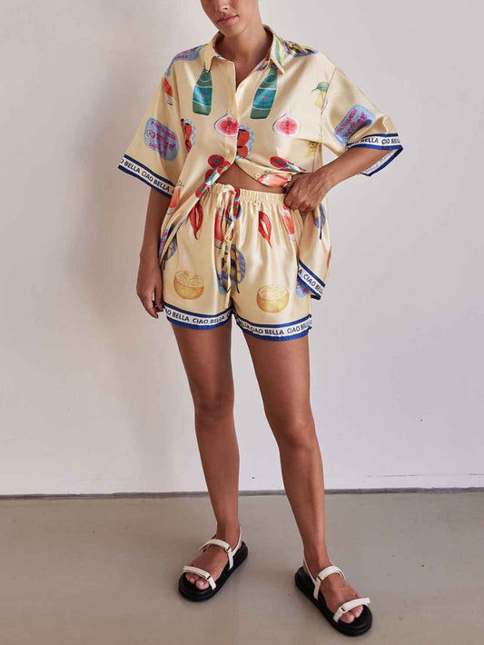 Printed Lapel Cardigan Shorts Set