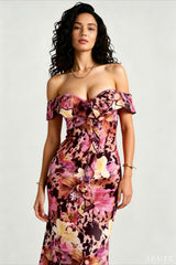 Tie Strapless Ruffled Print Sexy Bodycon Maxi Dress