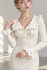 Elegant Women Knitted Sleeve Casual Solid Color Ruffles Hem Party for Beach Cocktail Club Streetwear