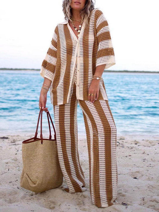 Loose Fit Striped Shirt Pants Set