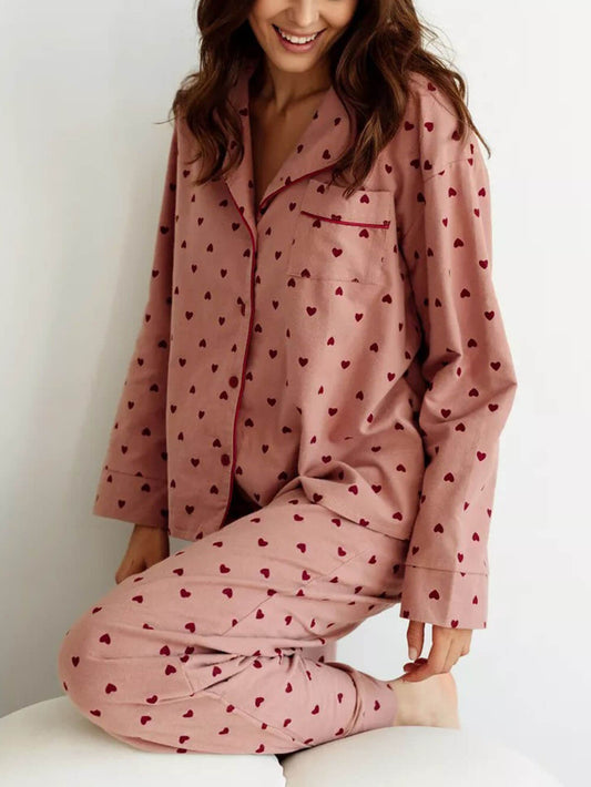 Heart Print Lapel Pajama Set