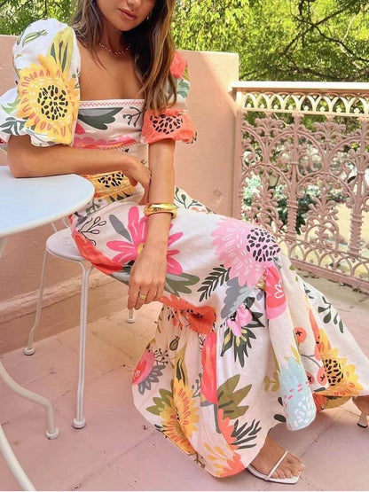 Off-Shoulder Floral Puff Sleeve Dress
