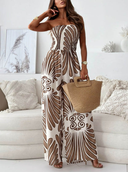 Printed Off-Shoulder Pleated Wide-Leg Jumpsuit