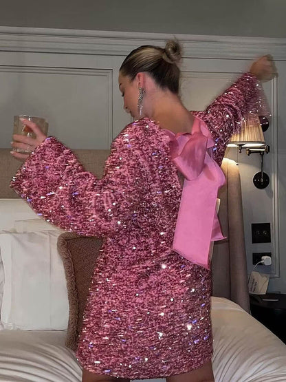 Sequined Open Back Tie Strap Mini Dress
