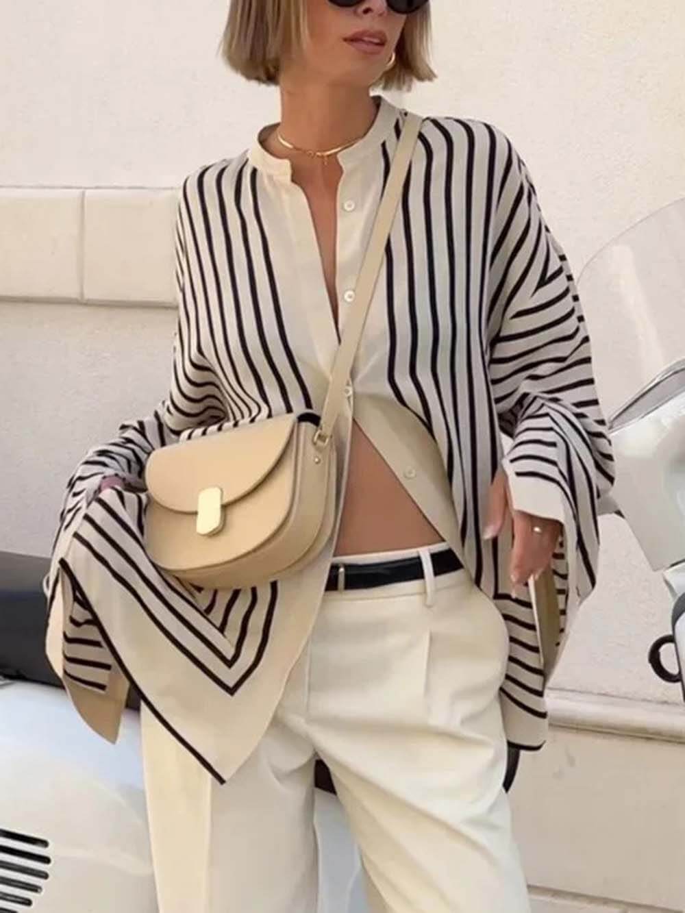 Satin Striped Round Neck Blouse