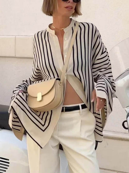 Satin Striped Round Neck Blouse