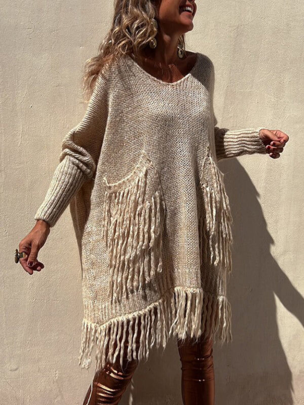 Loose Fit V-Neck Tassel Knit