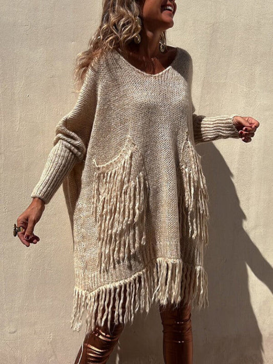 Loose Fit V-Neck Tassel Knit