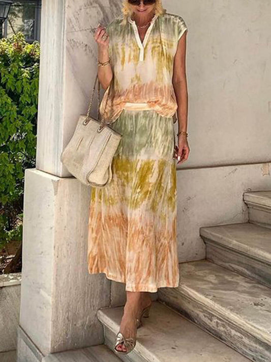 Tie Dye Print V Neck Two Piece Set