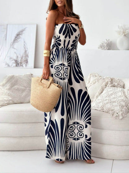 Printed Off-Shoulder Pleated Wide-Leg Jumpsuit
