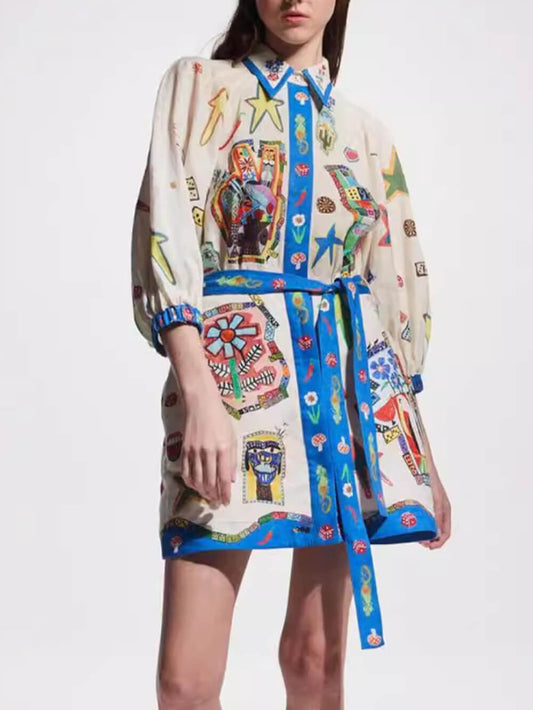 Print Tie Short Sleeve Fashionable Dress