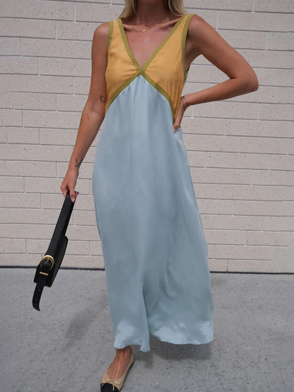Fashion V-Neck Sleeveless Colorblock Flared Dress