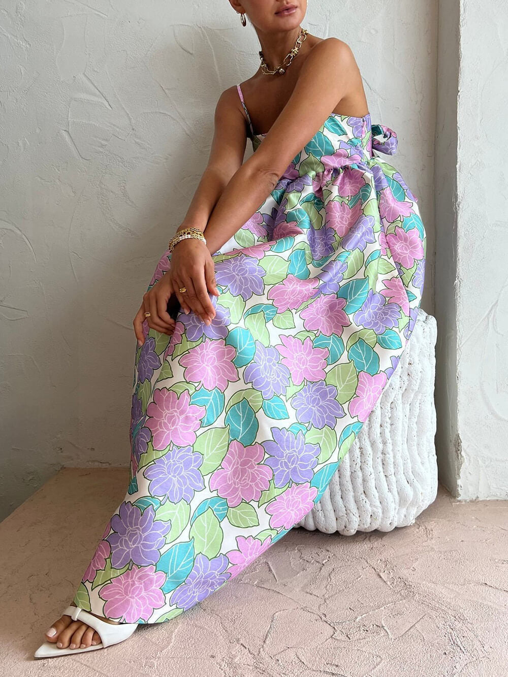 Printed Strapless Backless Swing Dress