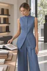 Drape Sleeveless Shirt Elegant Two Piece Work Set