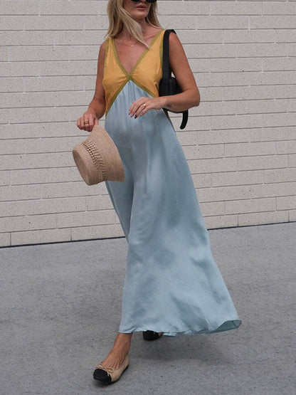 Fashion V-Neck Sleeveless Colorblock Flared Dress